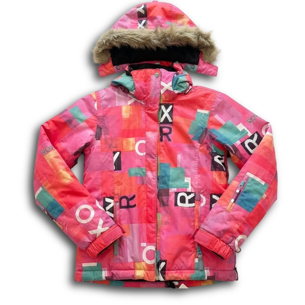 Roxy Girls Pink Multicolor Geometric 5K DryFlight Snow Jacket Faux Fur Hood 10
